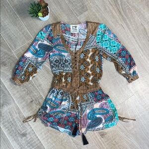 Jaase 3/4 Sleeve V-Neck Boho Elastic Waist Tassel Romper Size XS